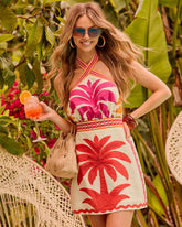 Izela Tropical Palm Halter Neck Mini Dress