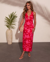 Villa Escape Floral Cut Out Halter Neck Midi Dress
