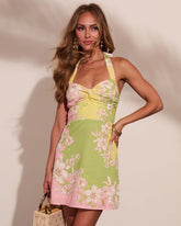 Anina Floral Color Block Halter Neck Mini Dress