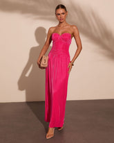 Moonlit Riviera Pleated Satin Corset Maxi Dress