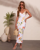 Honey Citrus Fruit Print Midi Dress