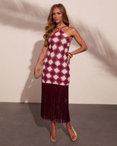 Caliste Knit Checkered Fringe Halter Neck Mini Dress