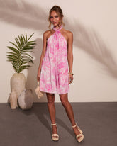 Tropic Bloom Floral Print Halter Neck Mini Dress