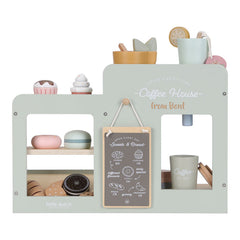 Kaffee-Ecke aus Holz mit Kaffeemaschine, Gebäck, Tassen und Café-Menü für fantasievolle Rollenspiele von Kindern