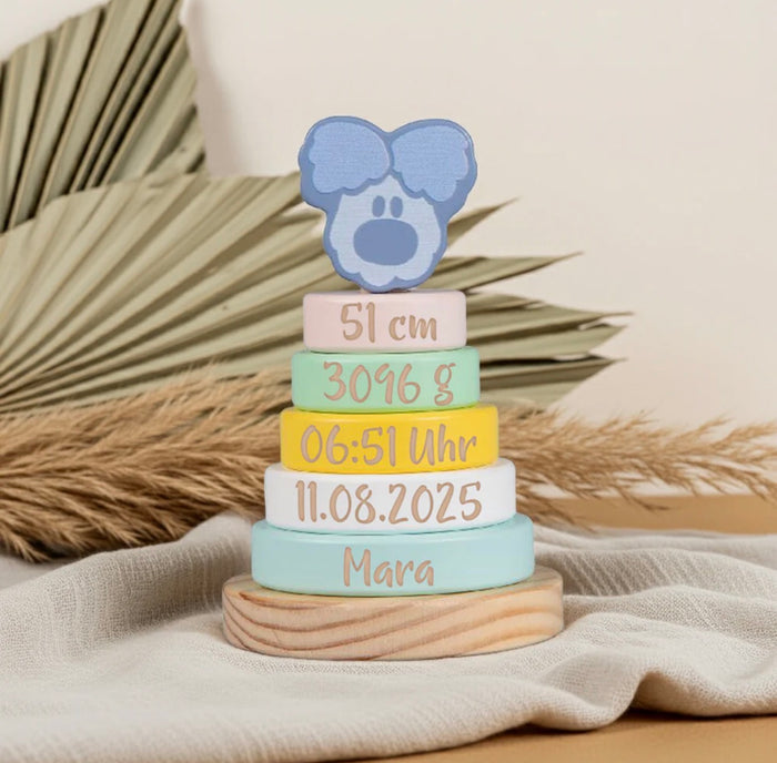 Personalisierter Wusel Baby Stapelturm zur Geburt