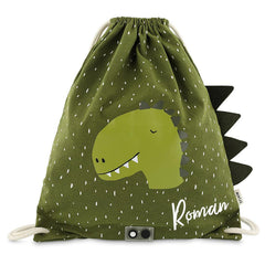 Personalisierter Trixie Sportbeutel Herr Dino mit Name – Kinder-Turnbeutel mit Dinomotiv für Sport, Schwimmen und Schule