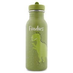Trixie Kinder-Trinkflasche Herr Dino 500 ml personalisiert mit Namen – grüne Edelstahlflasche mit Dinomotiv und Tragekordel