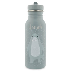 Personalisierte Trixie Trinkflasche Herr Hai 500 ml in Blau mit Name – Edelstahl-Kinderflasche mit Haimotiv und Tragekordel