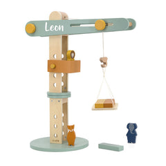 Personalisierbarer Trixie Holz-Konstruktionskran mit Druck – Spielkran mit Tierfiguren, Ladeplattform und Bauklötzen für Kinder ab 3 Jahren