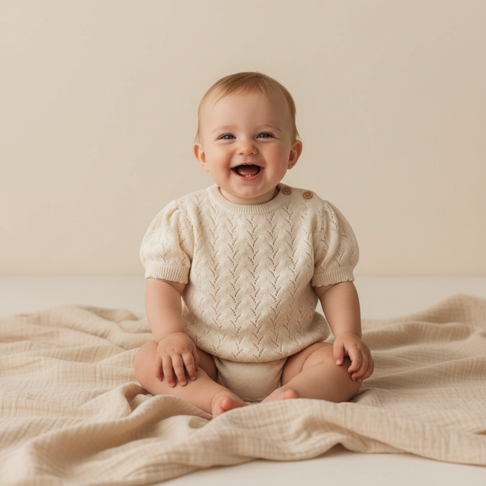 Little Dutch Kurzarm-Strickpullover Creme aus Bio-Baumwolle für Babys und Kinder