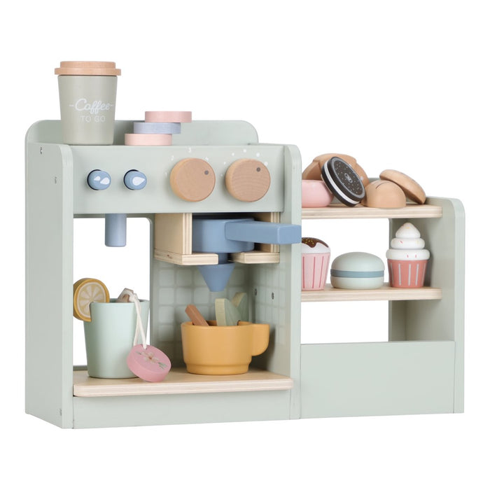 Holz Kaffee-Bar für Kinder mit Kaffeemaschine, Kaffeepads, Tassen, Tee und Gebäck für kreative Rollenspiele im Kinderzimmer