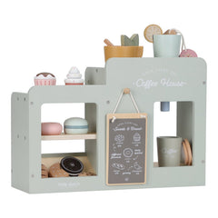 Kinder Kaffee-Ecke aus Holz mit Kaffeemaschine, Gebäck, Kaffeebecher und Menütafel für kreative Café-Rollenspiele im Kinderzimmer