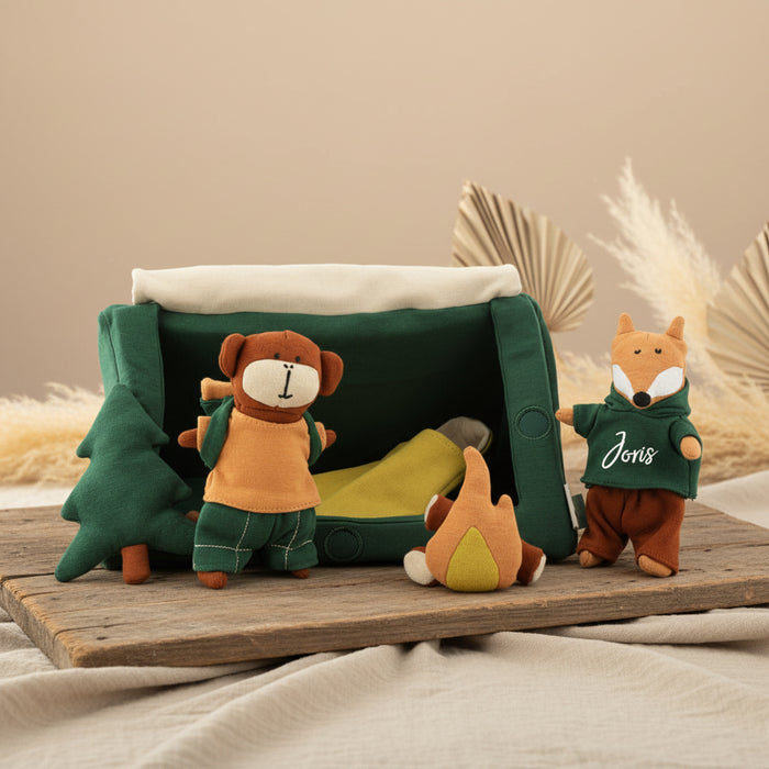 Trixie Puppenwelt Camping mit Herr Fuchs und Herr Affe – mehrfarbiges Rollenspielset aus Baumwolle mit Zelt, Schlafsäcken und Campingzubehör