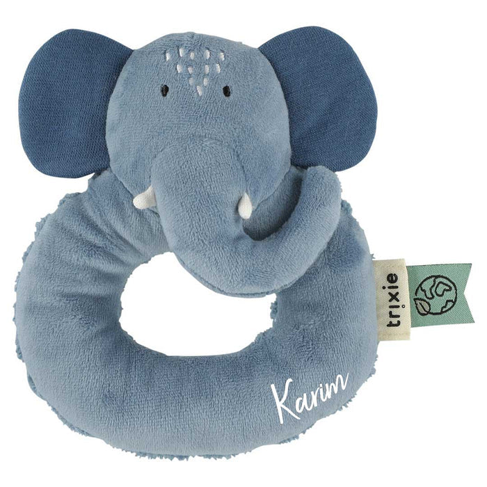 Personalisierbare Trixie Rassel Frau Elefant mit Plott – weiches Babyspielzeug aus Bio-Baumwolle und recyceltem Polyester