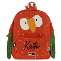Personalisierter Trixie Kinder-Rucksack Herr Papagei in Rot mit Name – 7,5-Liter-Rucksack mit Fronttasche und Brustgurt