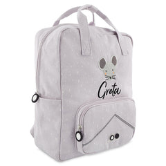 Personalisierter großer Trixie Kinder-Rucksack Frau Maus in Lila mit Name – 11-Liter-Rucksack mit A4-Fach, Fronttasche und reflektierenden Details