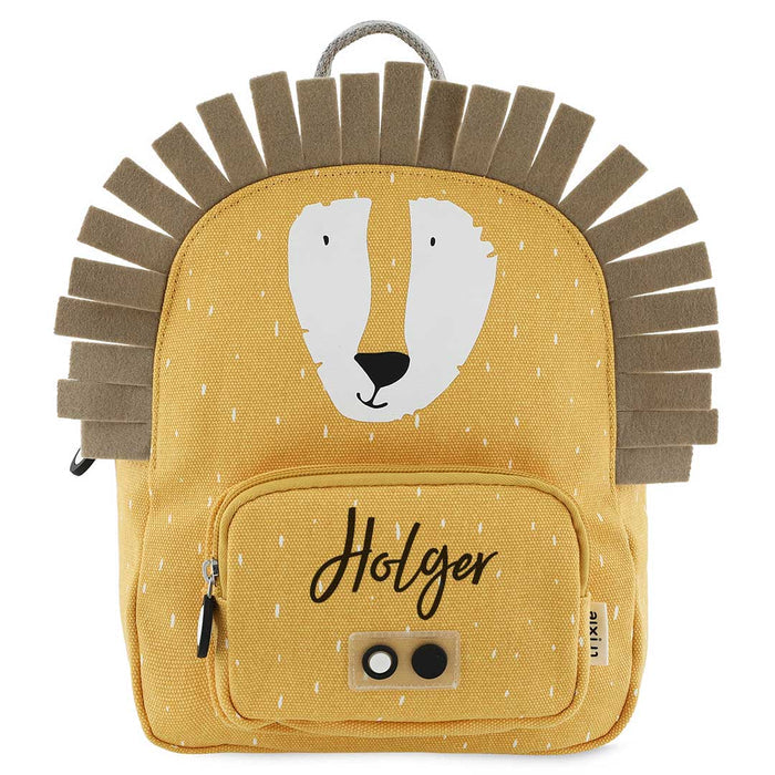 Trixie Rucksack klein Herr Löwe personalisiert mit Namen – gelber Kinder-Rucksack mit Löwenmotiv und praktischem Brustgurt
