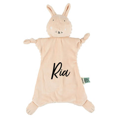 Personalisiertes Trixie Schnuffeltuch Frau Hase mit Name – rosa Baby-Schmusetuch mit Schnullerknoten als persönliches Geschenk zur Geburt