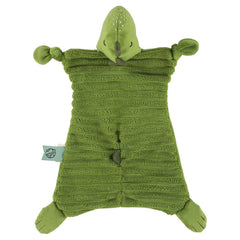 Trixie Schnuffeltuch Herr Dino – Detailansicht des weichen Baby-Kuscheltuchs mit freundlichem Dino-Gesicht und Schnullerknoten