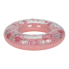 Kinder-Schwimmring Pink Blumen mit 50 cm Durchmesser in der Seitenansicht. Der aufblasbare Schwimmring mit floralem Design ist ideal für Pool, Strand, Garten und sommerlichen Wasserspaß mit Kindern.