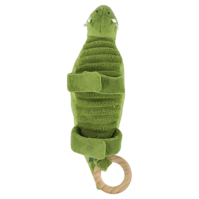 Trixie Spieluhr Herr Dino – weiches Musiktier mit Holzring und Klettband für Kinderbett, Kinderwagen und Autositz