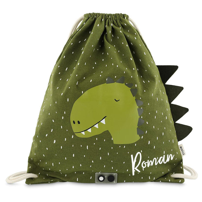 Personalisierter Trixie Sportbeutel Herr Dino mit Name – Kinder-Turnbeutel mit Dinomotiv für Sport, Schwimmen und Schule
