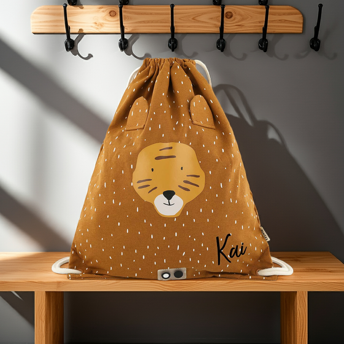 Trixie Sportbeutel Herr Tiger für Kinder – wasserabweisender Turnbeutel mit Tigermotiv und zwei Zugbändern