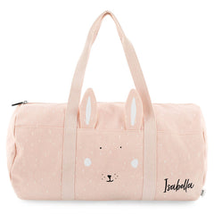 Trixie Kindertasche Frau Hase rund personalisiert mit Namen – rosa Sporttasche mit Hasenmotiv, Reißverschluss und Außenfach