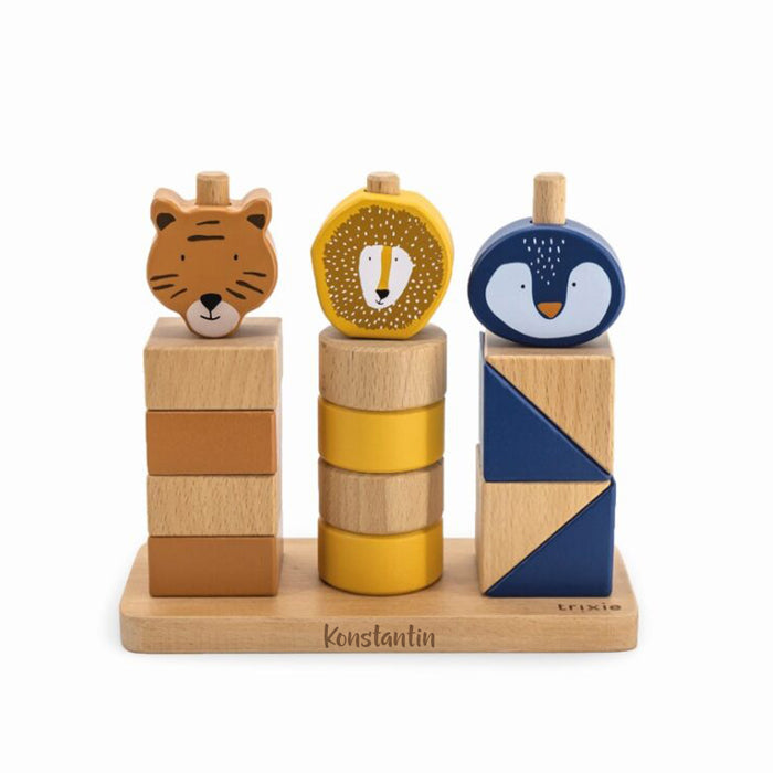 Personalisierbares Trixie Stapel-Spiel mit Tieren aus Holz mit Gravur – Motorikspielzeug mit Formen, Farben und Tiermotiven