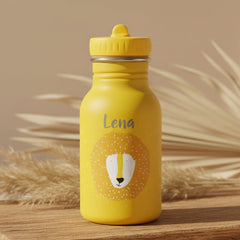 Personalisierte Trixie Trinkflasche Herr Löwe 350 ml in Gelb mit Name – Edelstahl-Kinderflasche für Kita, Schule und Ausflüge
