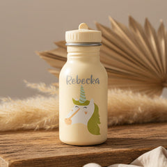 Personalisierte Trixie Trinkflasche Frau Einhorn 350 ml mit Name – Edelstahl-Kinderflasche mit Einhornmotiv für Kita, Schule und Ausflüge