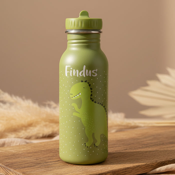Personalisierte Trixie Trinkflasche Herr Dino 500 ml in Grün mit Name – Edelstahl-Kinderflasche für Kita, Schule und Ausflüge