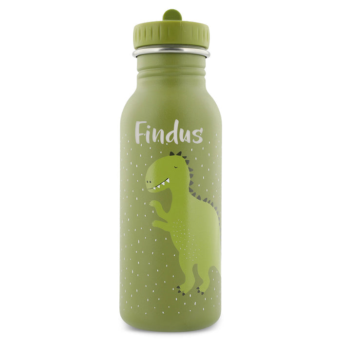 Trixie Kinder-Trinkflasche Herr Dino 500 ml personalisiert mit Namen – grüne Edelstahlflasche mit Dinomotiv und Tragekordel