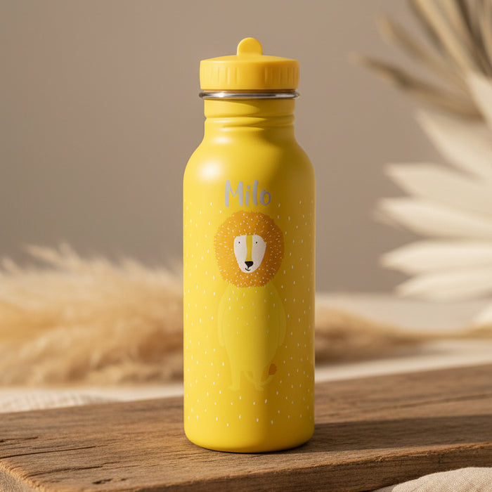 Trixie Trinkflasche 500 ml Herr Löwe in Gelb – Kinderflasche aus Edelstahl mit Löwenmotiv und Tragekordel für Kita und Schule