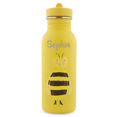Personalisierte Trixie Trinkflasche Frau Hummel 500 ml in Gelb mit Name – Edelstahl-Kinderflasche mit Hummelmotiv und Tragekordel